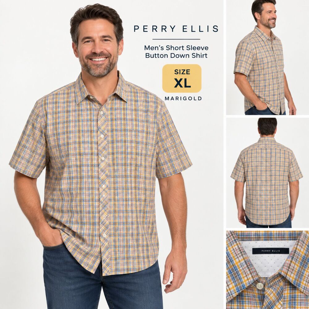 Perry Ellis Macy's Men's XL Marigold Plaid S Sleeve Button Down Shirt NWT #20